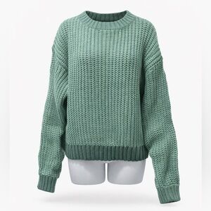 Sage Green Chunky Knit Crewneck Sweater Cozy Pullover Size M